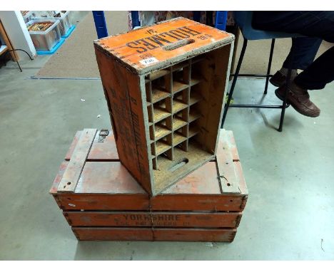 A vintage wooden Holmes bottle crate made by Tait of Hull &amp; a Yorkshire egg producers Ltd pine box
