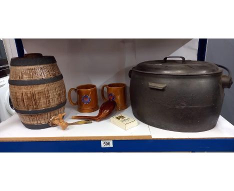 A lidded cast iron cauldron &amp; ceramic barrel etc.