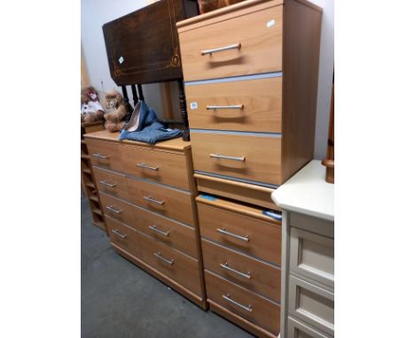 A light wood effect 8 drawer bedroom chest of drawers and 2 x 3 bedsides