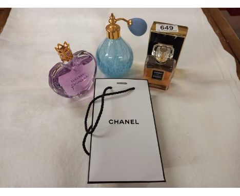 A Coco Chanel 50ml size almost half full with box, Vera Wang Princess almost full and a Caithness perfume atomiser. 