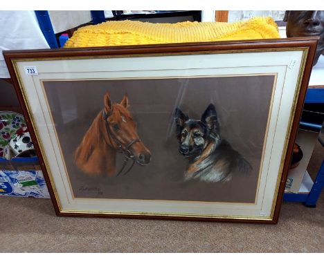 A large signed print of German shepherd dog &amp; horse -Collect only