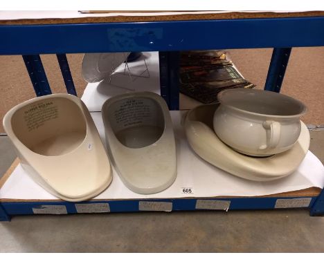 Three ceramic bed pans, a chamber pot, meat platter etc., 