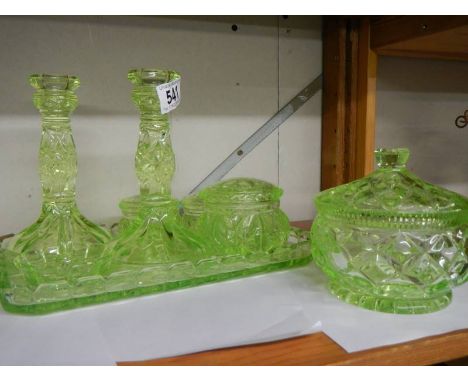 A green glass trinket set, complete. 