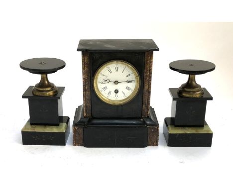 A slate garniture set to include mantel clock with enamel dial and Roman numerals, 23.5cmH 