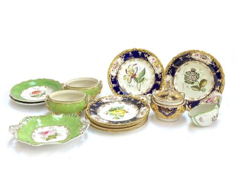 A mixed lot of ceramics to include Spode sugar bowl (AF); three hand painted Coalport plates, all AF; two Bloor Derby twin ha