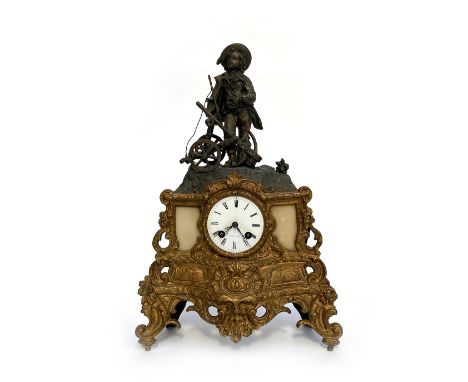 A 19th century gilt metal French mantel clock, the enamel dial signed Poton, Paris, striking on a bell, surmounted by a ploug