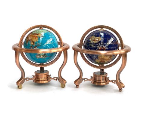 Two mineral inset globes, on brushed metal stands, each with compass base, 20cmH (2) 