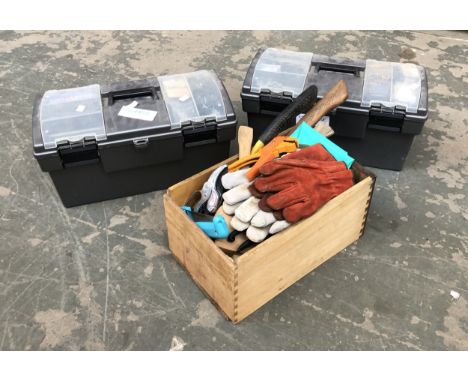 A quantity of gardening and hand tools together with several plastic storage boxes 