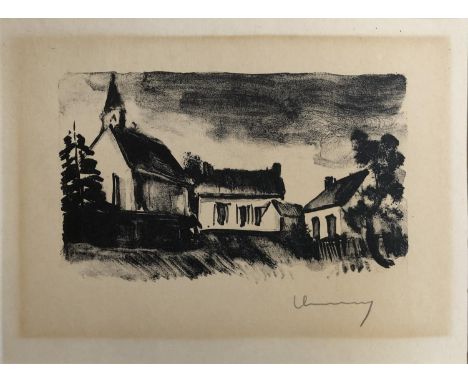 Attributed to Maurice De Vlaminck (French, 1876-1958), hamlet with church, lithograph, signed lower right, 9.5x16cm 
