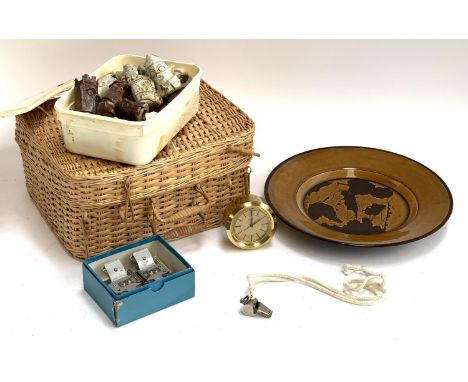 A mixed lot to include mid century brown glaze plate, studio pottery chess pieces, wicker hamper, etc 