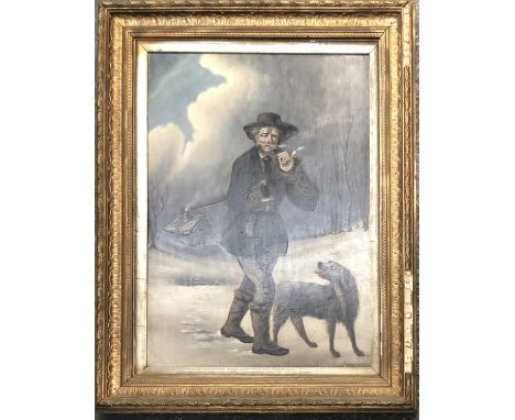 Early 20th century oil on board, man with dog smoking a pipe, 61.5x43cm 