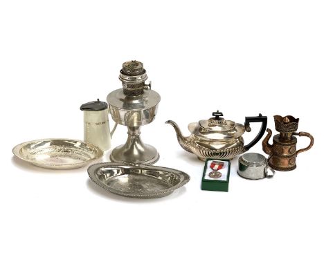 A silver plated teapot; oil lamp; pewter lidded ceramic tankard etc 