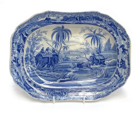 A 19th century Spode blue and white meat plate 'Hunting a Bufalo', 32x24cm 