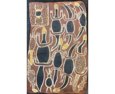 Dawidi Birritjama (1921-1970), aboriginal abstract of animals, oil on bark, 67x43cm 