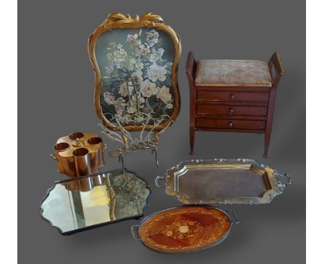 A gilt framed firescreen together with a piano stool, two trays and other items