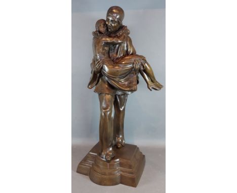 Pierrot and Columbine, a large patinated bronze with stepped plinth, 59cms