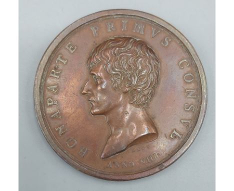 A French patinated bronze medallion commemorating The Battle of Marengo dated 1800 by Lavy, 5.2cms diameter