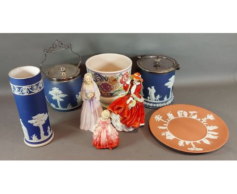 A Royal Doulton figure, Top Of The Hill together with two other Royal Doulton figures, a Poole Pottery vase, a Wedgwood biscu