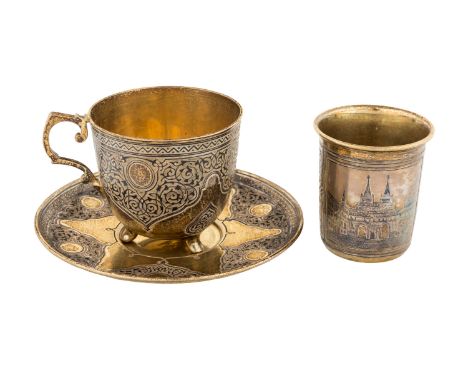 A GILT SILVER CUP AND SAUCER WITH A TUMBLER, CUP AND SAUCER MARKED P. OVCHINNIKOV WITH IMPERIAL WARRANT, MOSCOW, 1870-1873 th