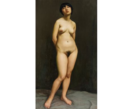 LI GUIJUN (CHINESE B. 1964)Standing Nude, 1988oil on canvas101.5 x 62 cm (40 x 24 3/8 in.)signed and dated lower right; title