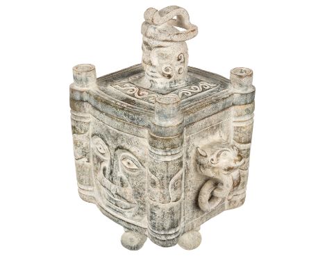 A CHINESE LARGE JADE INCENSE BURNER AND COVER the rectangular body with columnar corners resting on four shaped feet, the sid