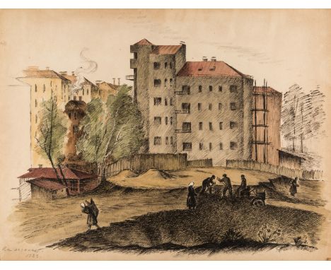 A RUSSIAN 20TH CENTURY ARTISTOn the Outskirts, 1929India ink, watercolor and graphite on paper laid on paperboard34 x 44.7 cm