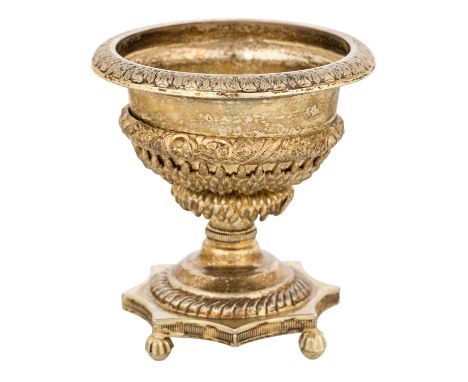 AN ANTIQUE RUSSIAN GILT SILVER CAVIAR STAND IN THE FORM OF A FLOWER URN, POSSIBLY ANDREI ASTRAKHANTSEV, MOSCOW, FIRST QUARTER