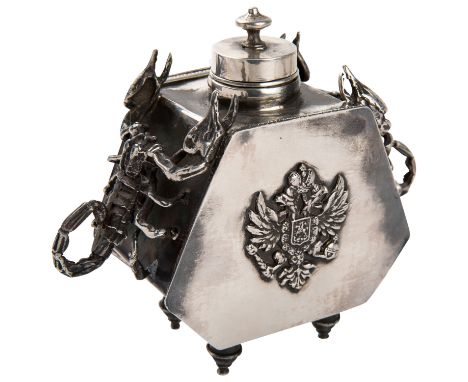 A SILVER JUDAICA INKWELL WITH SCORPION HANDLES, RUSSIAN OR POSSIBLY POLISH, CIRCA 1878 of hexagonal shape, flanked by two rea