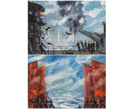 A PAIR OF WORKS BY NIKOLAY ANTONOVICH MATSEDONSKY (RUSSIAN 1911-1981)Stage Designs Featuring Red Army Marines, 1954oil on pap