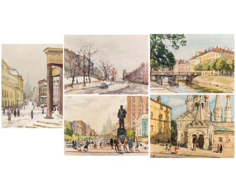 A GROUP OF FIVE DRAWINGS BY SOLOMON SAMSONOVICH BOIM (RUSSIAN 1899-1978)City Views, 1950smixed media on papereach approximate