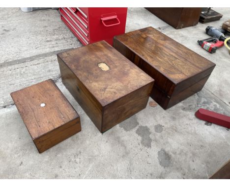 TWO VINTAGE WOODEN WRITING SLOPES AND A SMALL WOODEN BOX 