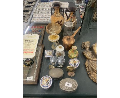 A MIXED LOT TO INCLUDE A VASE AND JUG WITH EGYPTIAN DECORATION, A LIDDED GLASS STEIN WITH ETCHED DEER DESIGN, ROYAL WORCESTER