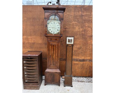 A MAHOGANY LONGCASE CLOCK BY GEO BROWN AIRDRIE WITH PAINTED DIAL DEPICTING MORNING, NOON, EVENING AND NIGHT COMPLETE WITH SHI