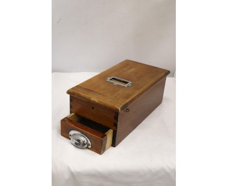 A VINTAGE WOODEN CASH TILL WITH WORKING BELL 