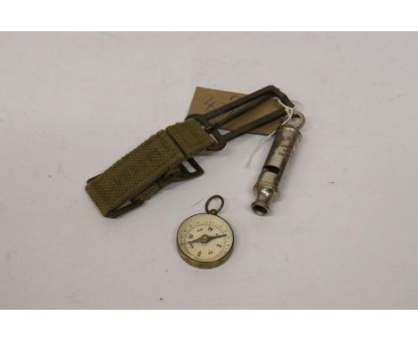 A METROPOLITON WHISTLE BY J. HUDSON, BRASS COMPASS AND A STRAP 
