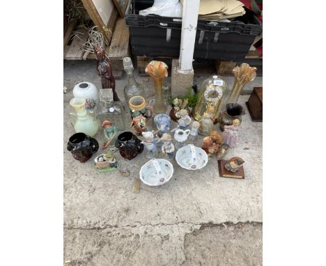 AN ASSORTMENT OF ITEMS TO INCLUDE AN ANNIVERSARY CLOCK, CERAMIC FIGURES AND DECANTERS ETC 