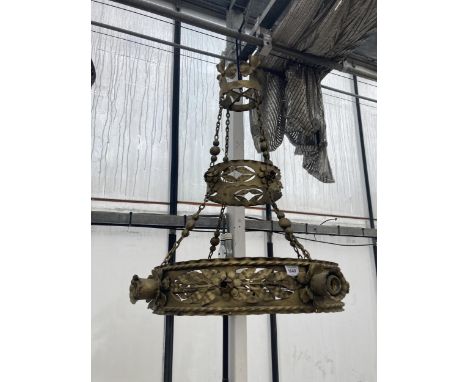 A VINTAGE METAL BRASS EFFECT CIELING SUSPENDED LIGHT FITTING 