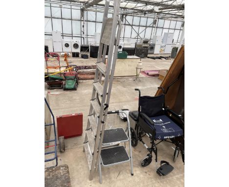 A SIX RUNG ALUMINIUM STEP LADDER AND A FURTHER TWO RUNG NONE SLIP LADDER 