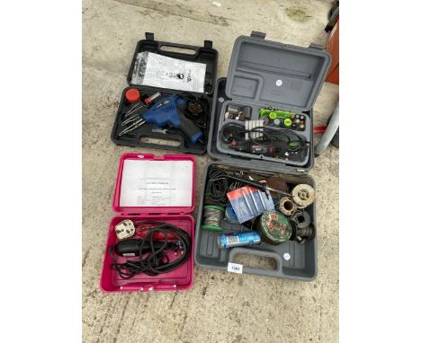 AN ASSORTMENT OF TOOLS TO INCLUDE SOLDERING IRONS, WIRE AND A DREMEL MULTI TOOL ETC 