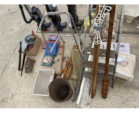 A LARGE ASSORTMENT OF ITEMS TO INCLUDE A STEP LADDER, WALKING FRAME, LAMP AND TOOLS ETC 