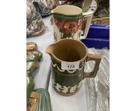 A VINTAGE COPELAND SPODE JASPERWARE STYLE JUG HEIGHT 15CM PLUS A VINTAGE ROYAL DOULTON FLORAL PATTERNED JUG NO. D3225, HEIGHT
