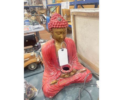 A LARGE CHALK MODEL OF A BUDDAH HOLDING A BOWL WITH THE WORDS 'HINDU ESSENCE', HEIGHT 48CM 