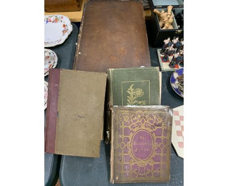 FOUR VINTAGE BOOKS TO INCLUDE A LARGE ANTIQUARIAN 'UNIVERSAL FAMILY BIBLE', MRS BEETON'S HOUSEHOLD MANAGEMENT, FLOWERS OF THE