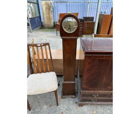 A MID CENTURY OAK GRANDMOTHER CLOCK WITH HALLER MOVEMENT 