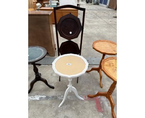 AN EDWARDIAN MAHOGANY AND INLAID FOLDING AFTERNOON TEA STAND AND MODERN TRIPOD WINE TABLE 