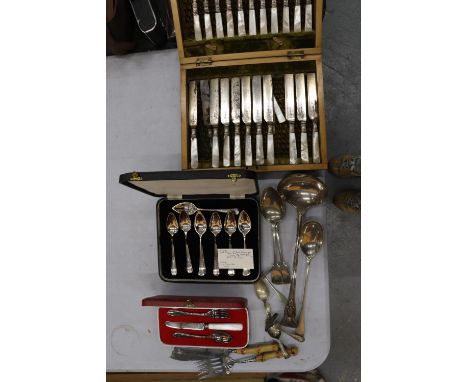A QUANTITY OF VINTAGE FLATWARE, MOSTLY BOXED, TO INCLUDE A LARGE LADEL, ETC 