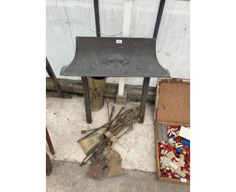 A VINTAGE COPPER FIRE HOOD, BRASS COMPANION ITEMS AND A BRASS STICK STAND ETC 