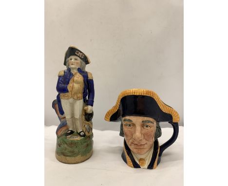 A VINTAGE STAFFORDSHIRE LORD NELSON JUG AND A ROYAL DOULTON LORD NELSON TOBY JUG 