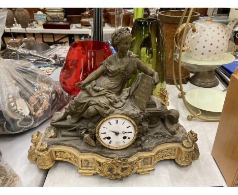 AN ORNATE FRENCH MANTLE CLOCK BY V L HAUSBERG PARIS WITH A LADY HOLDING LIST OF COUNTIRES - EGYPT, ITALY, GREECE, FRANCE AND 