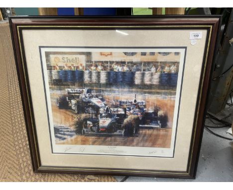 A LIMITED EDITION FRAMED LITHOGRAPH FLYING FINISH 139/500 BY JUAN CARLOS FERRIGNO WITH SIGNED MIKA HAKKINEN ,RON DENNIS & ART